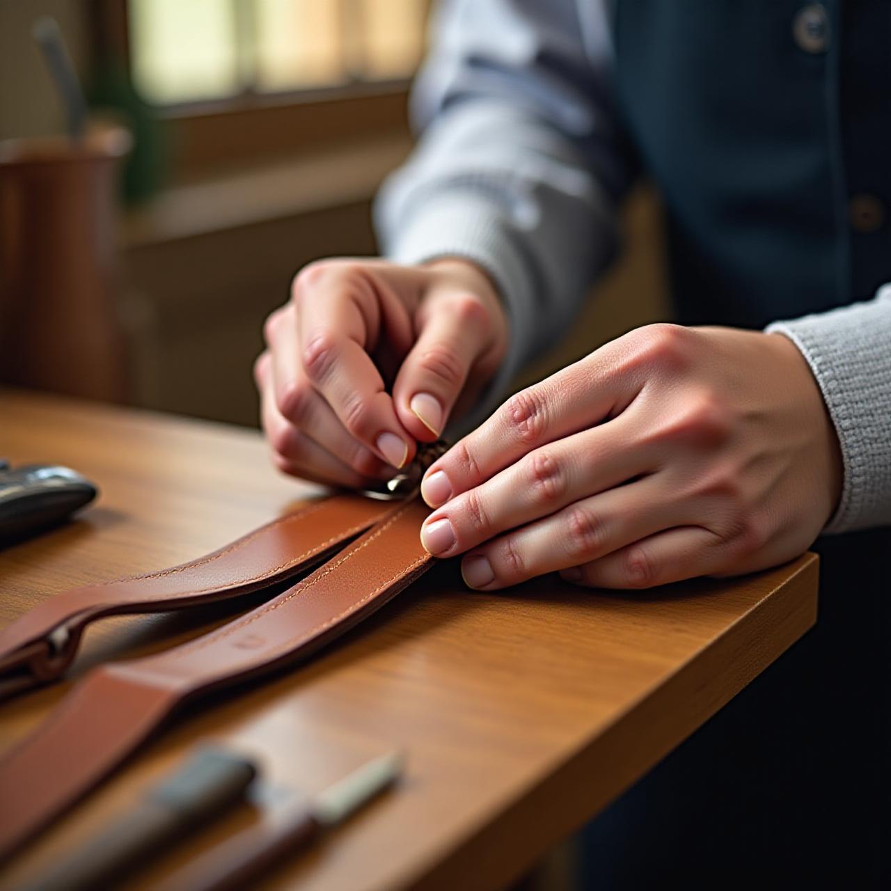 Artisan working on a custom leather belt in NY workshop