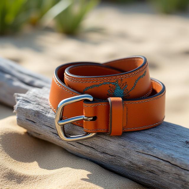 Artisan hand-stitched leather belt with a vibrant coral accent sitting on a piece of driftwood