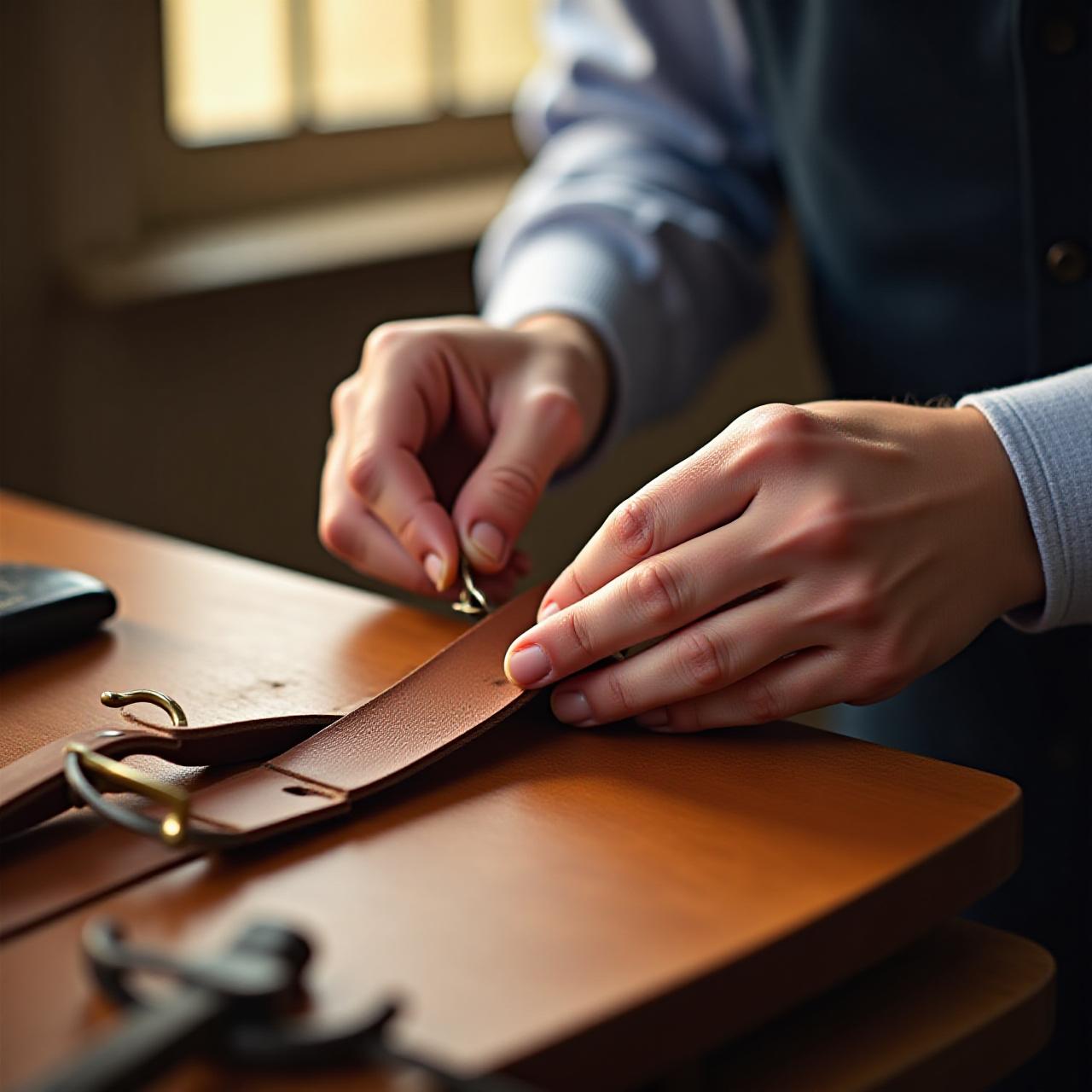 Artisan leather craftsman working in a sunlit New York workshop